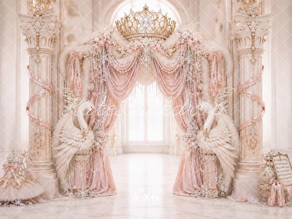 Kate Birthday Fantasy Luxury Pink Palace Swans Crown Drapes Printed Backdrop Designed by Ashley Paul