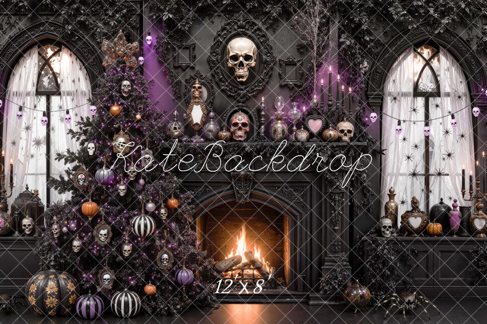 Kate Halloween Gothic Fireplace Skull Tree Black Printed Backdrop Designed by Mini MakeBelieve