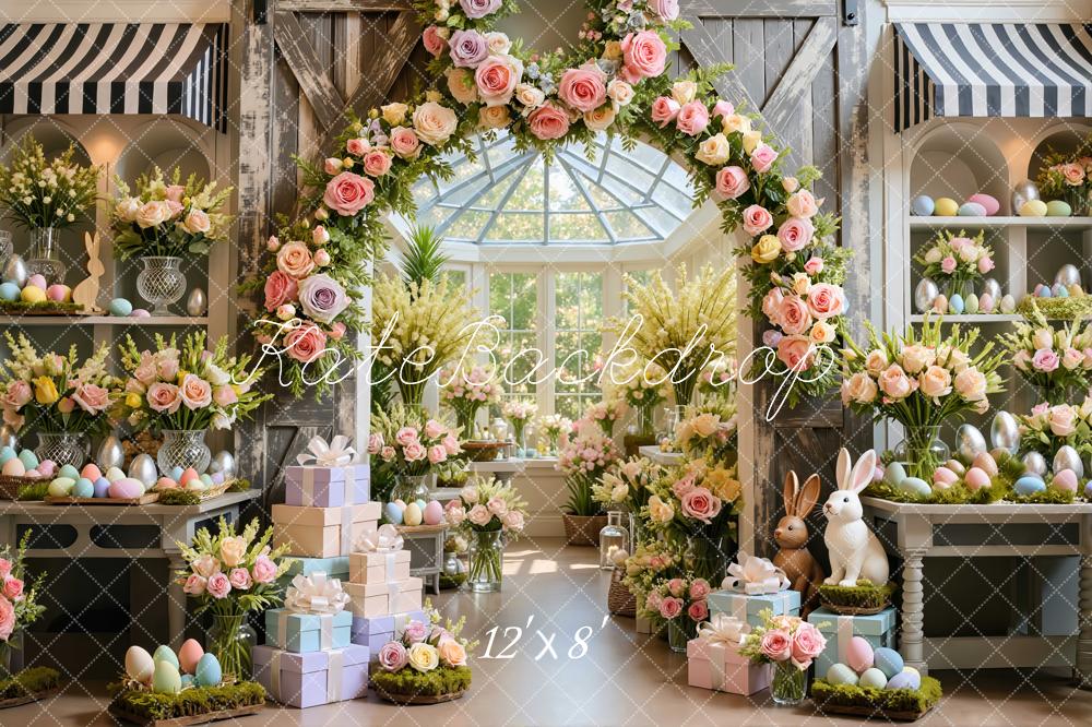 Kate Easter Bunny Flower Arch Pastel Eggs Printed Backdrop Designed by Mini MakeBelieve