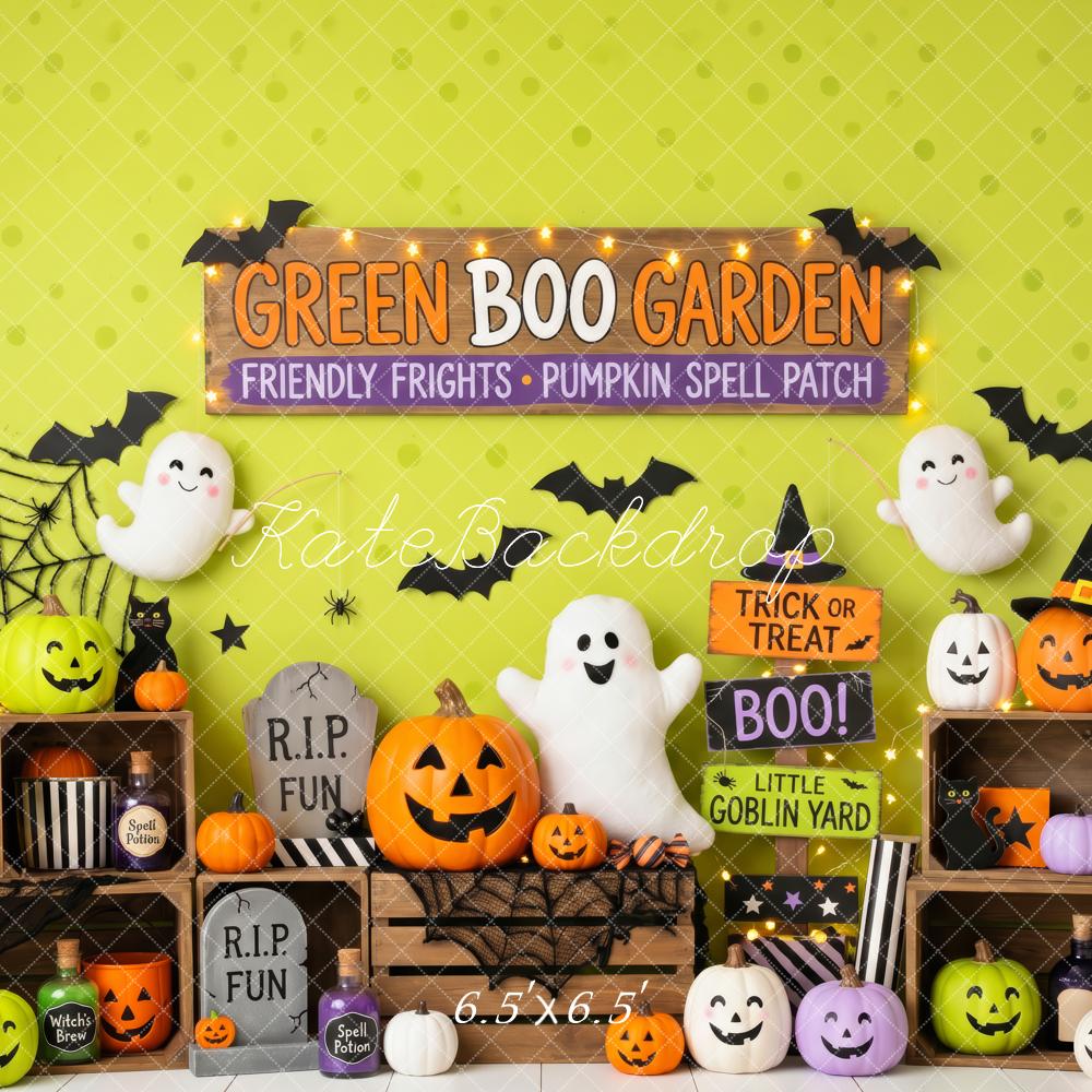 Kate Halloween Trick Or Treat Green Ghost Pumpkin Display Printed Backdrop Designed by Patty Roberts