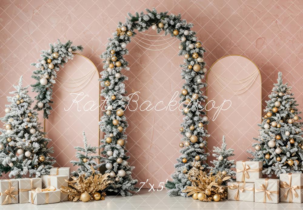 Kate Christmas Gold Arch Snowy Trees Backdrop Designed by Patty Roberts