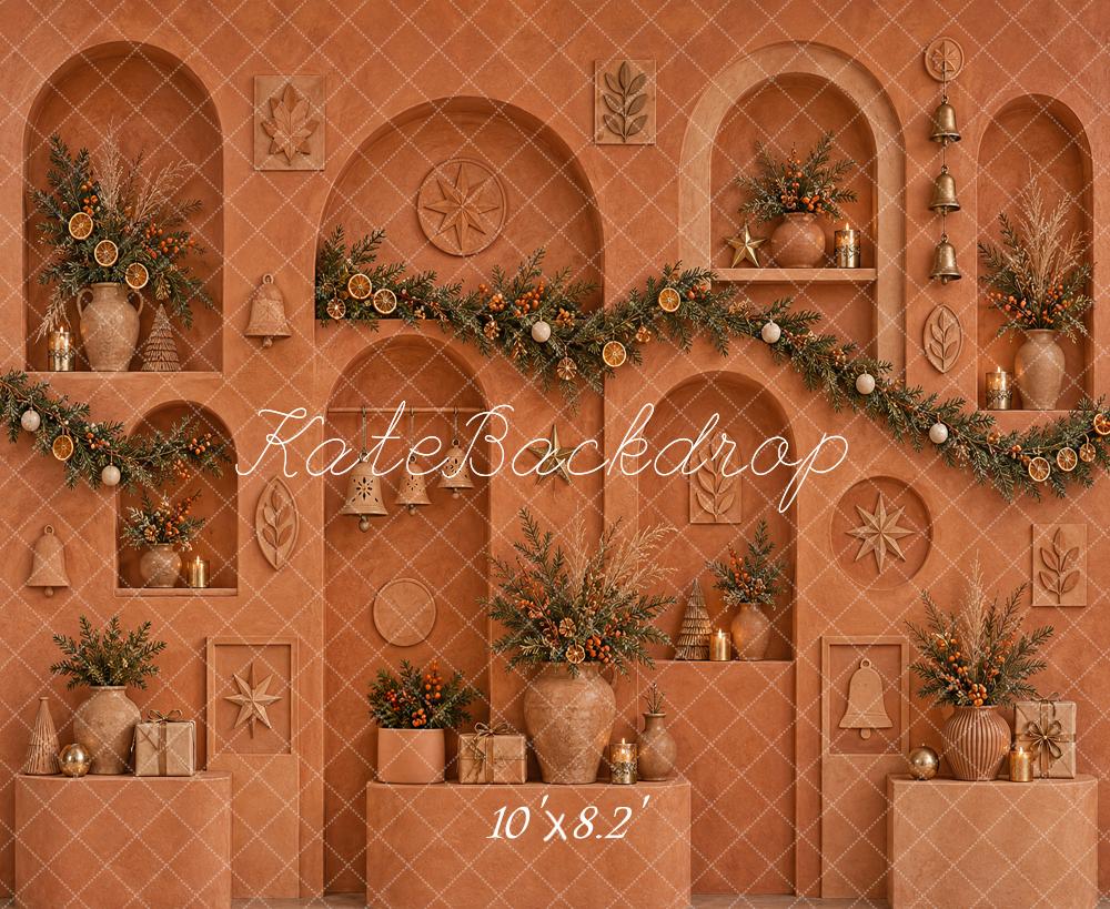 Kate Christmas Terracotta Arches Garland Botanicals Bells Printed Backdrop Designed by Vertigo Productions