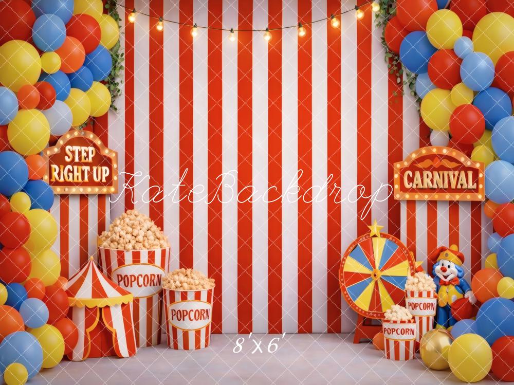Kate Carnival Red White Stripes Balloons Popcorn Clown Printed Backdrop Designed by Vertigo Productions