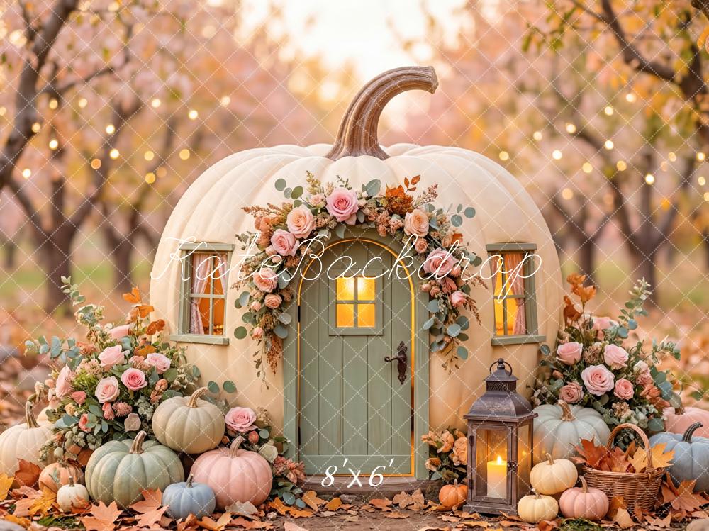 Kate Fall Pumpkin House Flowers Lantern Printed Backdrop Designed by Patty Roberts