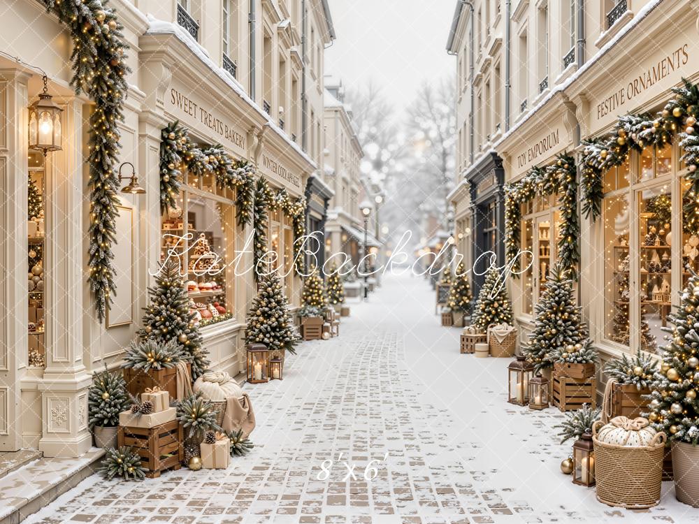 Kate Christmas Shop Snowy Street Garlands Presents Printed Backdrop Designed by Emetselch
