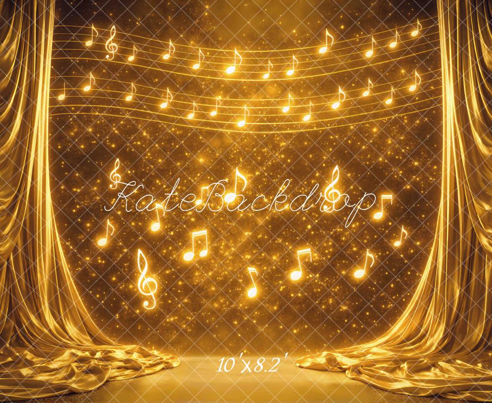 Kate Stage Golden Musical Notes Sparkle Curtain Printed Backdrop Designed by Mini MakeBelieve