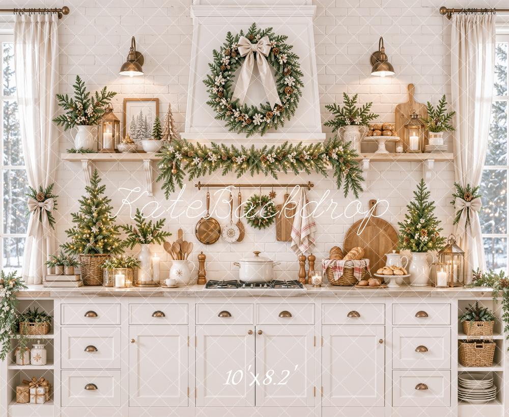 Kate Christmas White Kitchen Cabinet Wreath Garland Printed Backdrop Designed by Emetselch