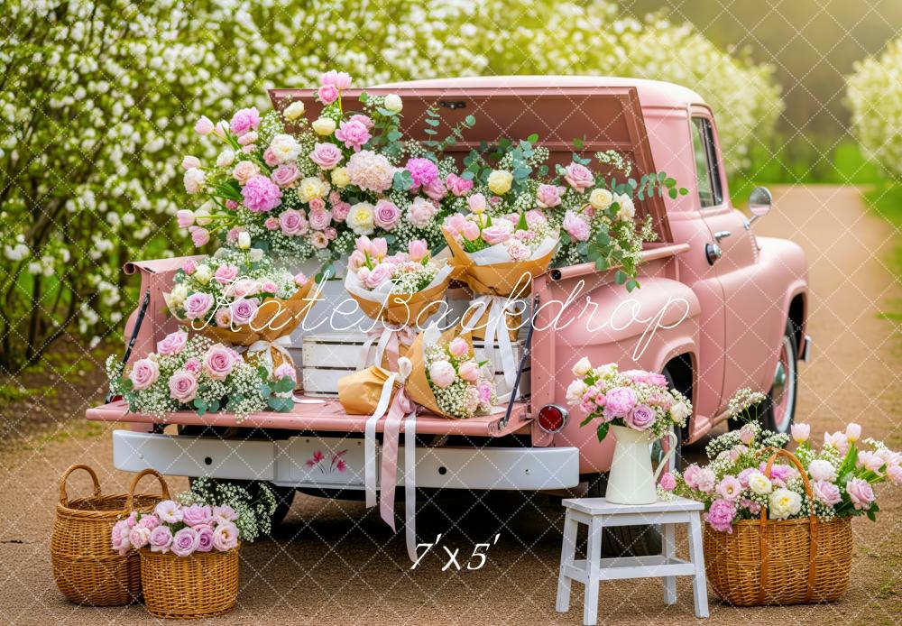Kate Spring Pink Truck Flower Baskets Backdrop Designed by Patty Roberts