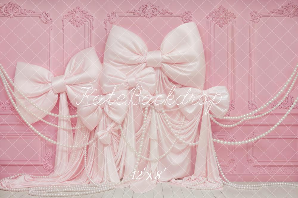 Kate Pink Bows Draped Fabric Pearls Wall Backdrop Designed by Emetselch