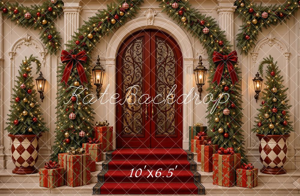 Kate Christmas Mansion Door Entryway Garland Trees Gifts Printed Backdrop Designed by Shutter Swan Studios