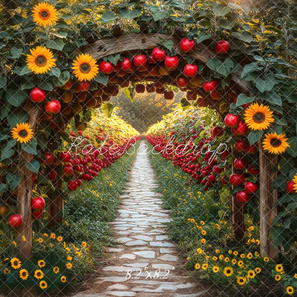 Kate Fall Sunflower Archway Red Apples Cobblestone Path Backdrop Designed by Mini MakeBelieve