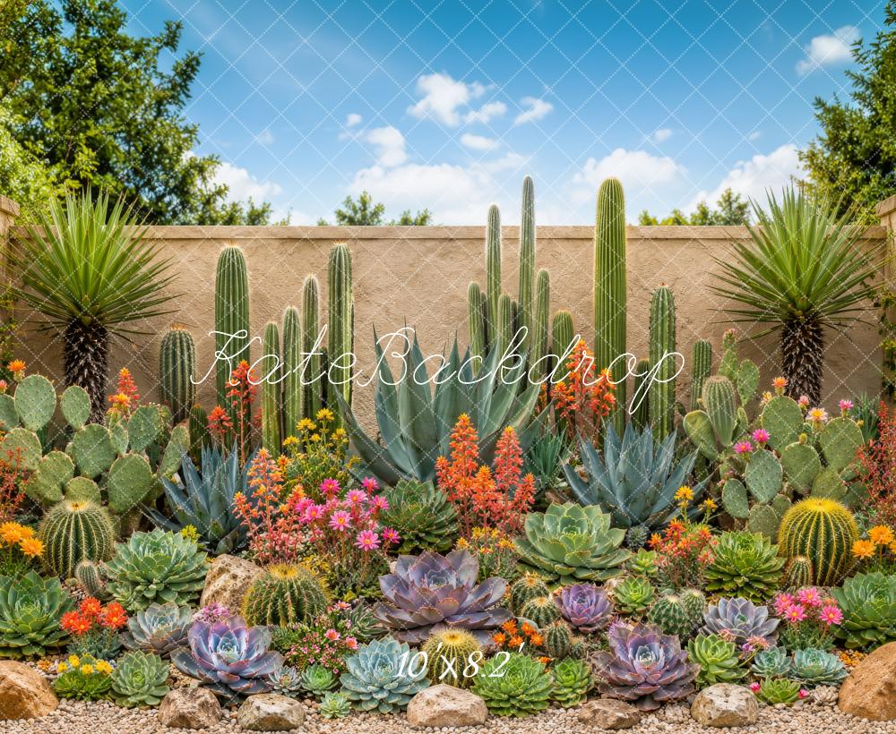 Kate Outdoor Cactus Succulent Garden Stone Wall Printed Backdrop Designed by Megan Leigh Photography