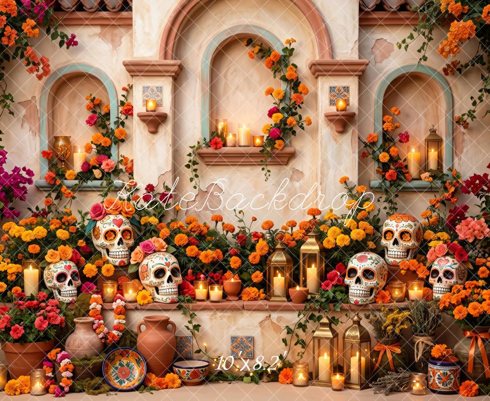 Kate Day Of The Dead Mexican Flowers Skull Altar Printed Backdrop Designed by Patty Roberts