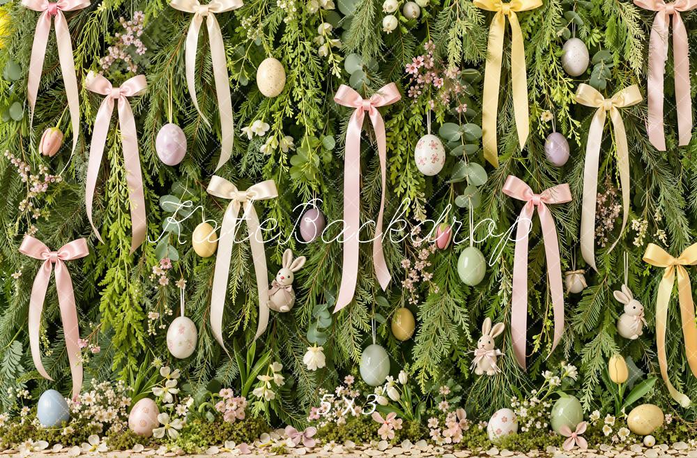 Kate Easter Bow Ribbon Bunny Floral Greenery Egg  Printed Backdrop Designed by Emetselch