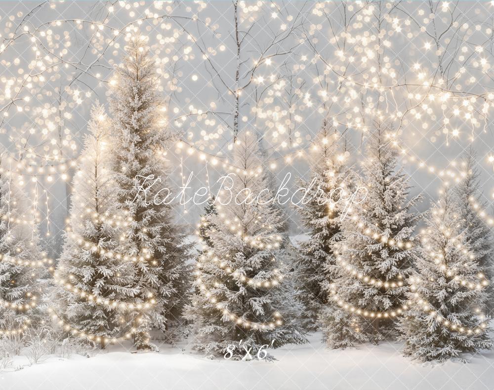 Kate Winter Snowy Pine Trees String Lights Backdrop Designed by Emetselch