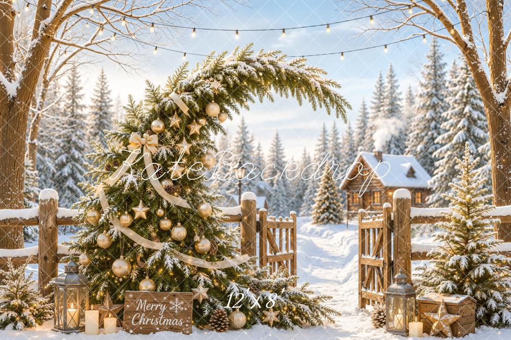 Kate Christmas Fantasy Snowy Tree Whimsical Gold Ornaments Cabin Gate Printed Backdrop Designed by Emetselch