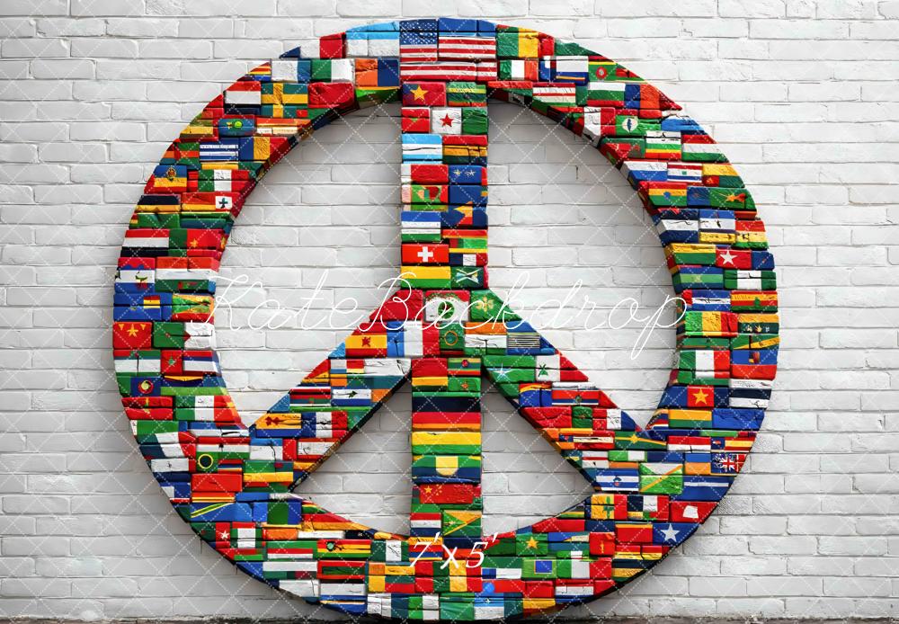 Kate Peace Sign Flags Brick Wall Printed Backdrop Designed by Mini MakeBelieve