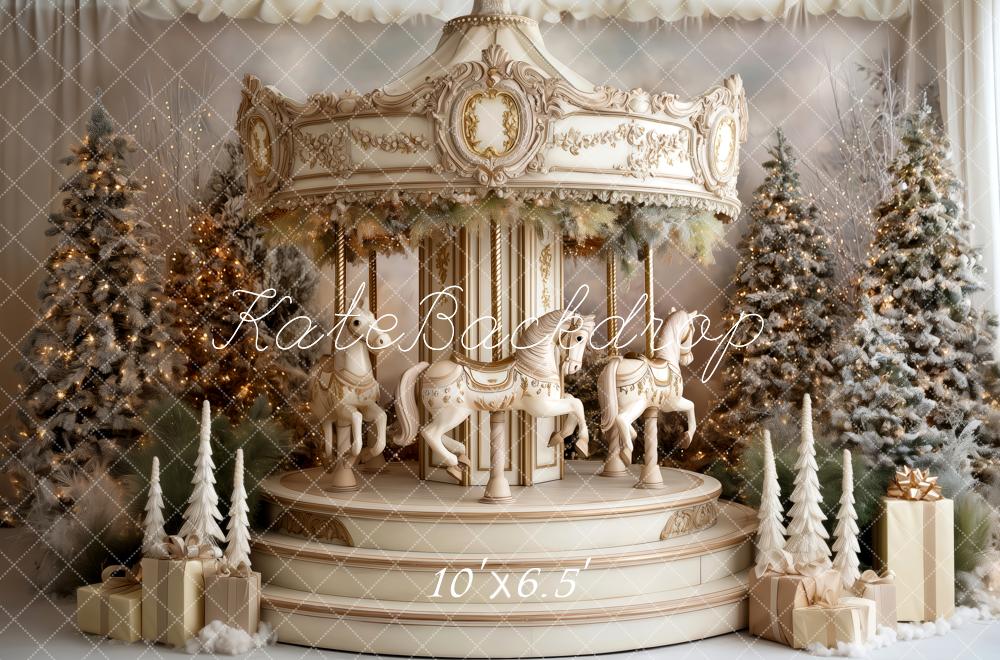 Kate Christmas Carousel Snowy Trees Gifts Beige Backdrop Designed by Patty Roberts