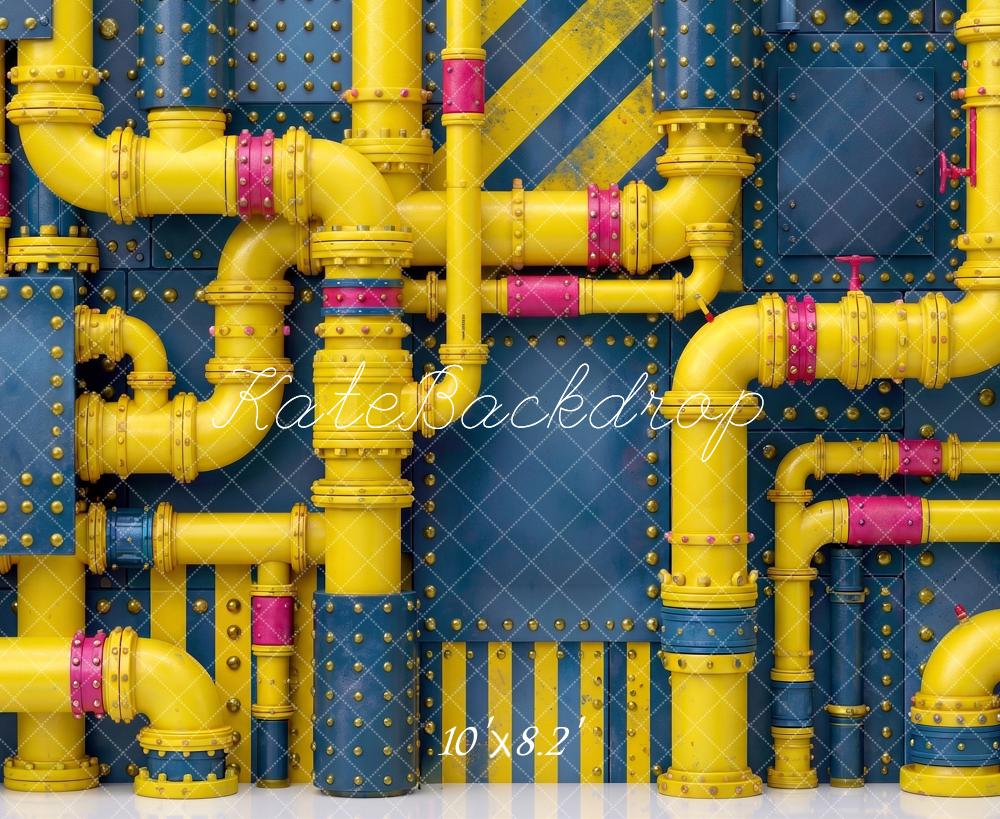 Kate Cartoon Movie Industrial Yellow Pipes Blue Riveted Wall Printed Backdrop Designed by Angela Miller