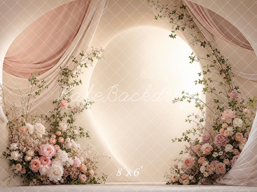 Kate Wedding Pink Flower Arch Draped Curtains Printed Backdrop Designed by Shutter Swan Studios