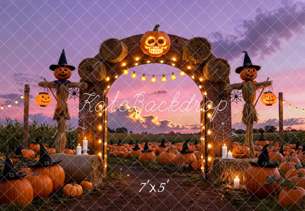 Kate Halloween Pumpkin Patch Arch Scarecrow Sunset Backdrop Designed by Emetselch
