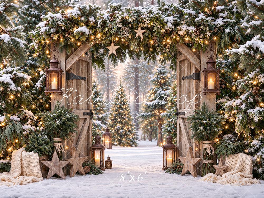 Kate Christmas Rustic Evergreen Wood Door Arch Stars Snowy Pine Trees Printed Backdrop Designed by Angela Miller