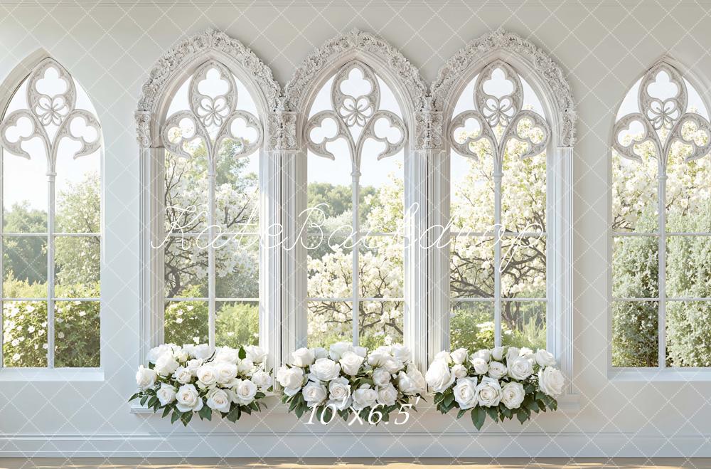 Kate Spring White Roses Gothic Windows Printed Backdrop Designed by Mini MakeBelieve