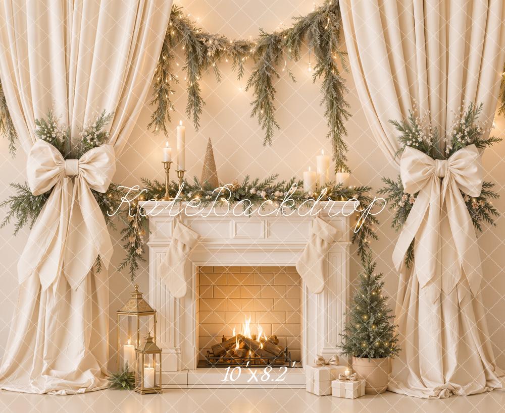 Kate Christmas Fireplace White Drapes Bow Garland Tree Printed Backdrop Designed by Emetselch