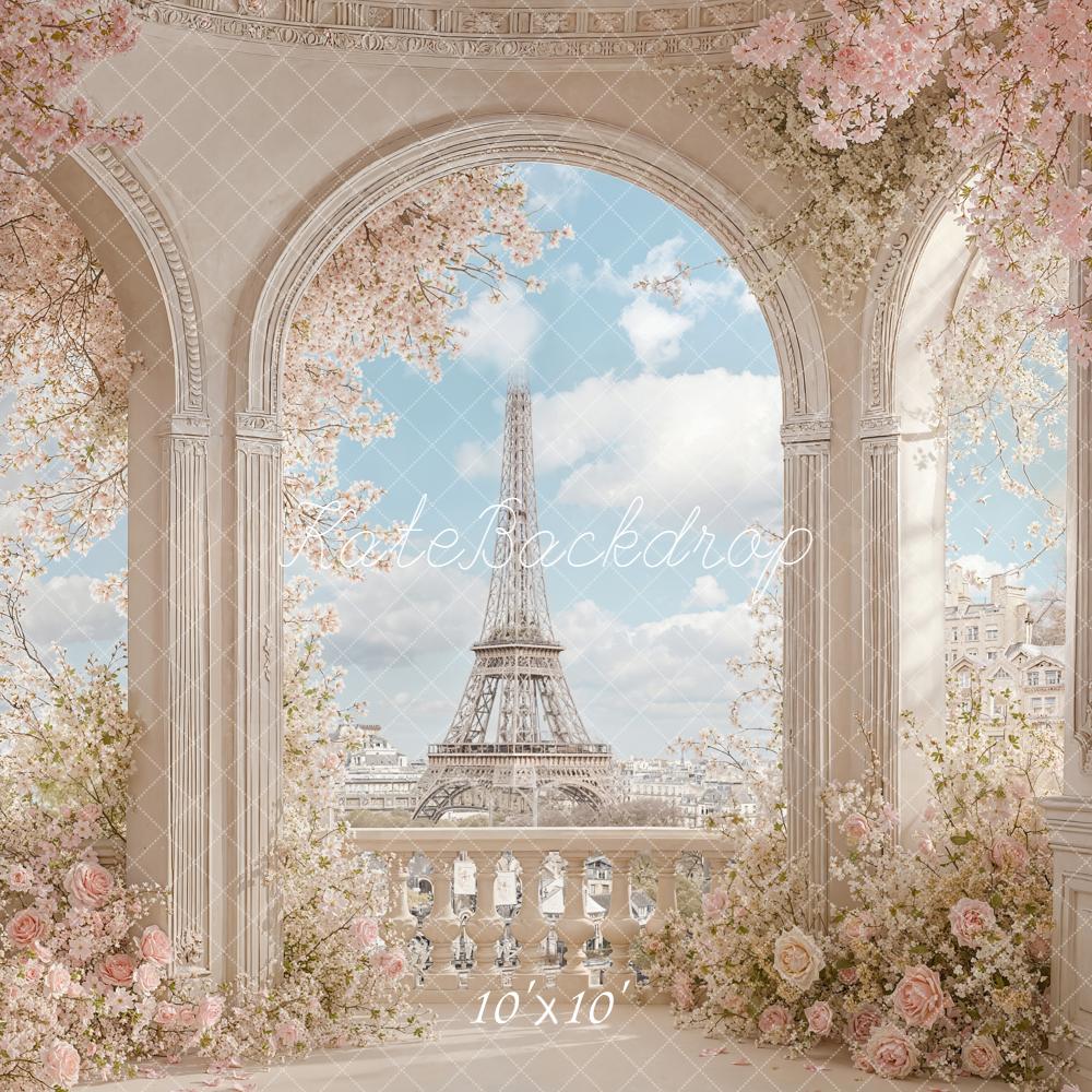 Kate Spring Floral Balcony Eiffel Tower View Backdrop Designed by Chain Photography