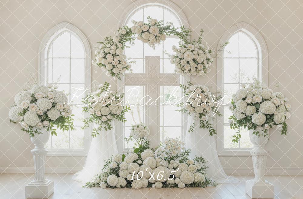 Kate Romantic Church White Flower Arch Cross Windows Printed Backdrop Designed by Emetselch