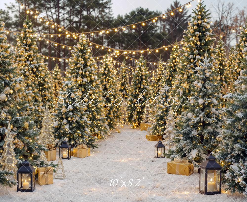 Kate Christmas Snowy Pine Tree Forest String Lights Printed Backdrop Designed by Mini MakeBelieve