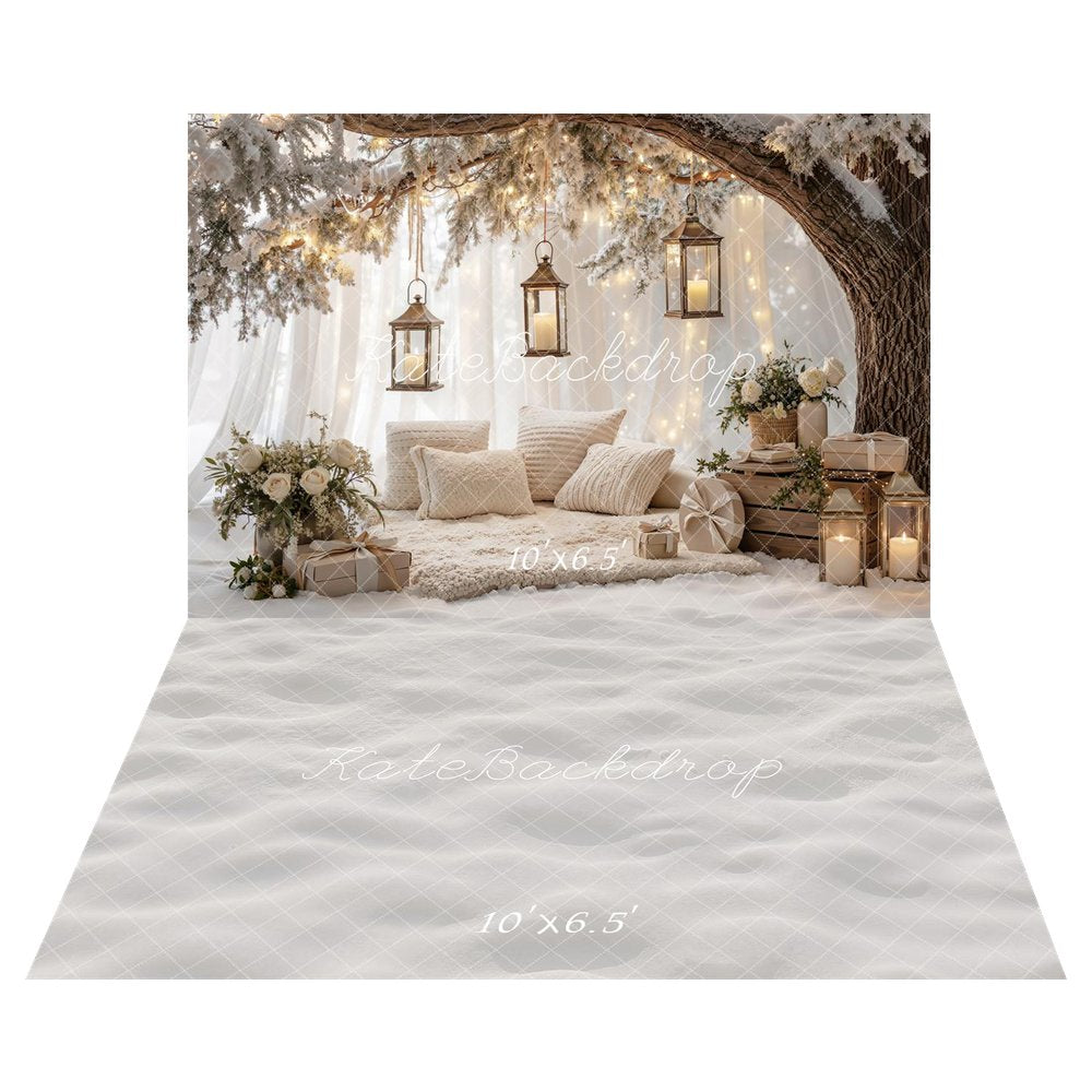 Kate Christmas Branch Arch Snowy Tree Lanterns Pillows Gifts Printed Backdrop+Winter White Snow Floor Printed Backdrop