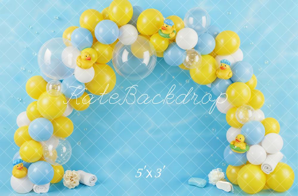 Kate Cake Smash Balloon Arch Rubber Duck Blue Yellow Printed Backdrop Designed by Emetselch