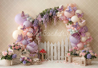 Kate Spring Flower Arch Balloons Butterflies Picket Fence Printed Backdrop Designed by Emetselch
