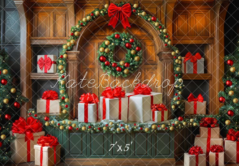 Corona de regalo navideño Retro con arco para pared diseñada por Mini MakeBelieve