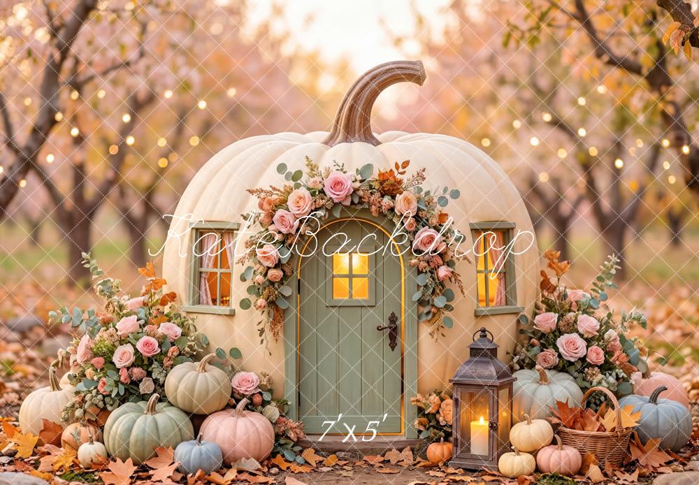 Kate Fall Pumpkin House Flowers Lantern Printed Backdrop Designed by Patty Roberts