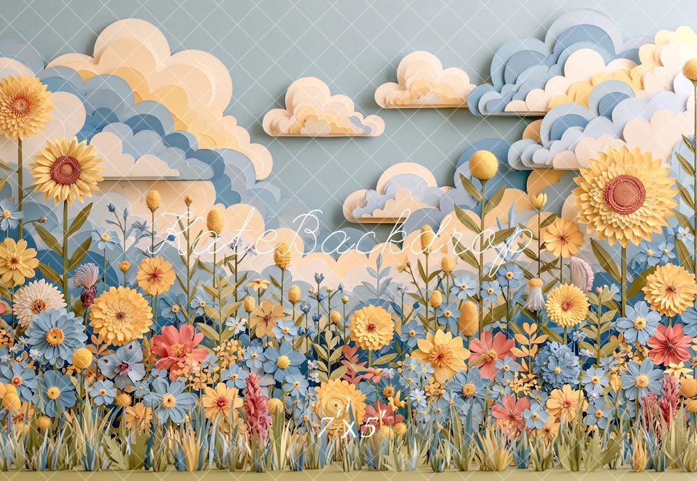 Kate Spring Kids Blue Yellow Paper Flower Meadow Clouds Printed Backdrop Designed by Angela Miller