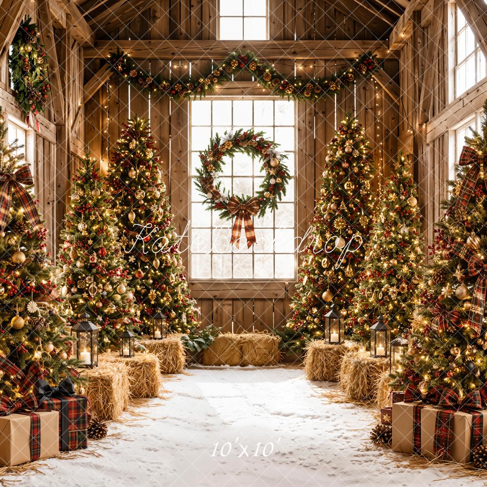 Kate Christmas Rustic Barn Trees Wreath Printed Backdrop Designed by Emetselch