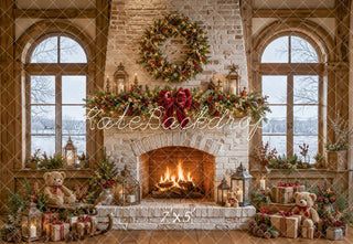 Kate Christmas Fireplace Stone Garland Wreath Teddy Bear Gifts Printed Backdrop Designed by Emetselch
