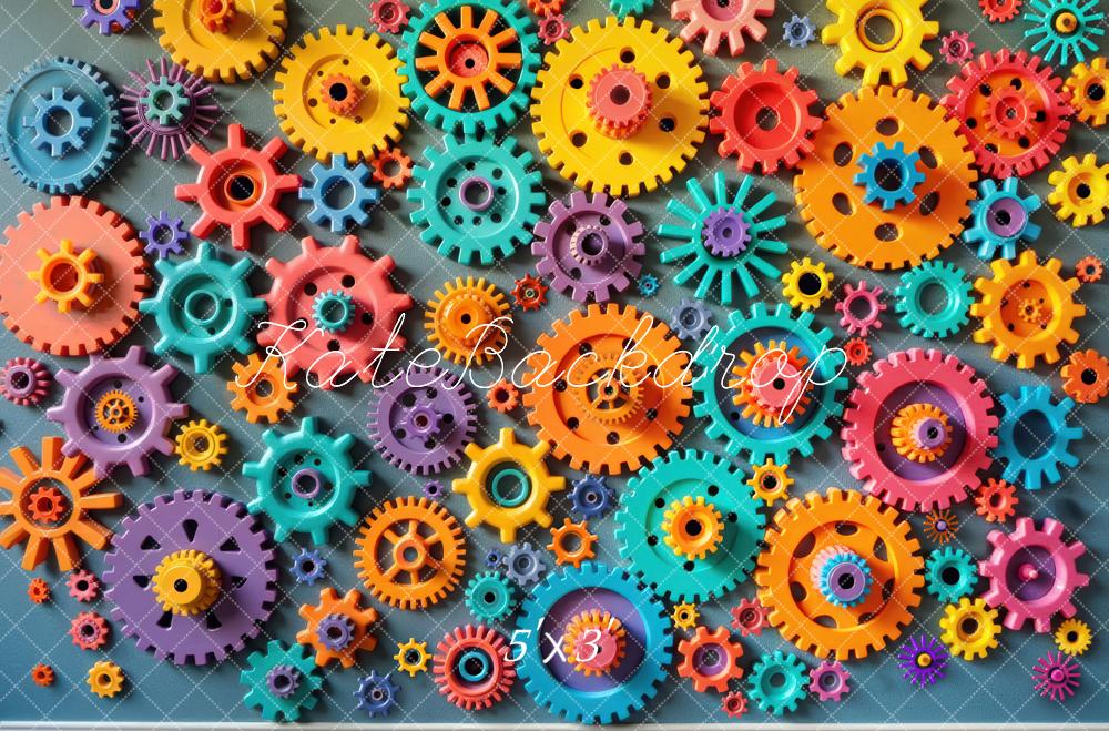 Kate Colorful Gears and Cogs Pattern Printed Backdrop Designed by Laura Bybee