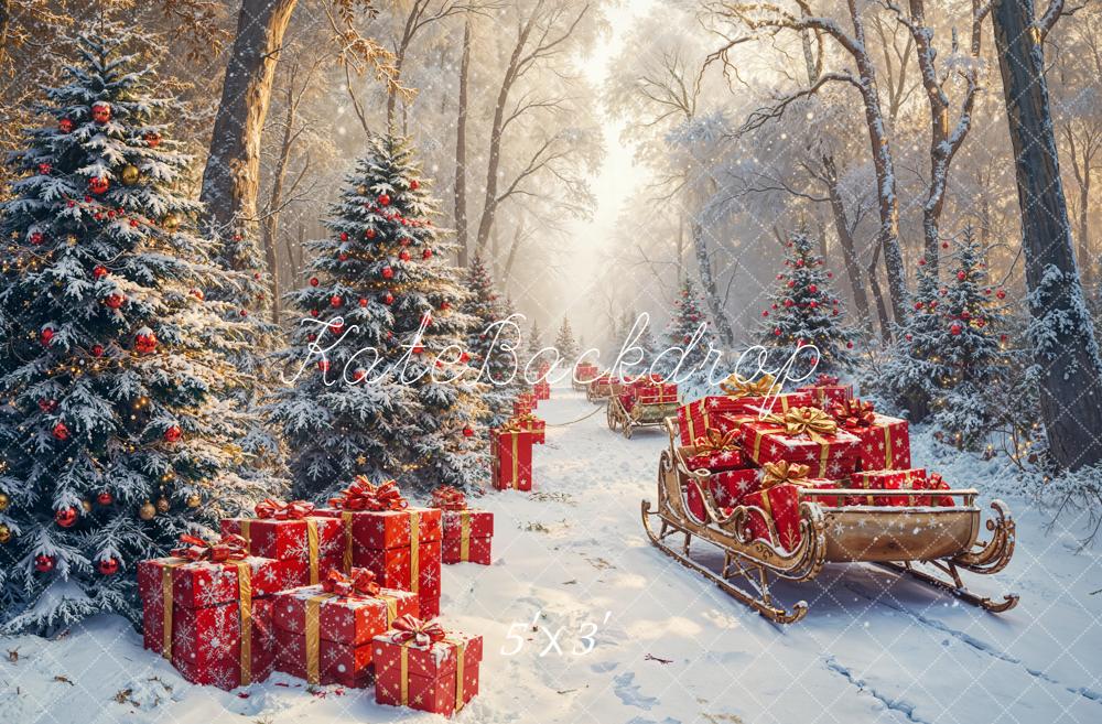 Kate Christmas Snowy Forest Red Sleigh Presents Backdrop Designed by Emetselch