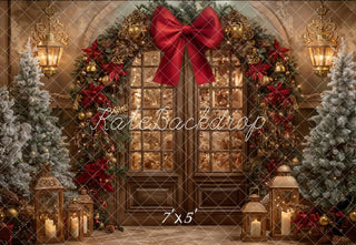 Kate Christmas Arch Door Red Bow Pine Trees Lanterns Printed Backdrop Designed by Emetselch