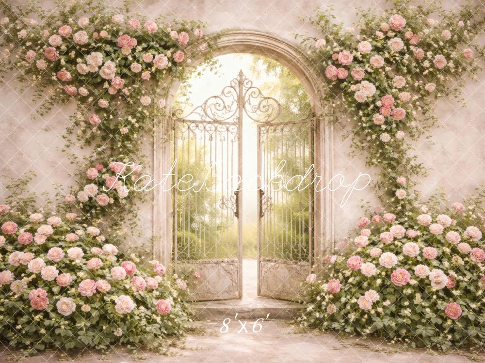 Kate Spring Flower Arch Iron Gate Pink Roses Printed Backdrop Designed by Vertigo Productions