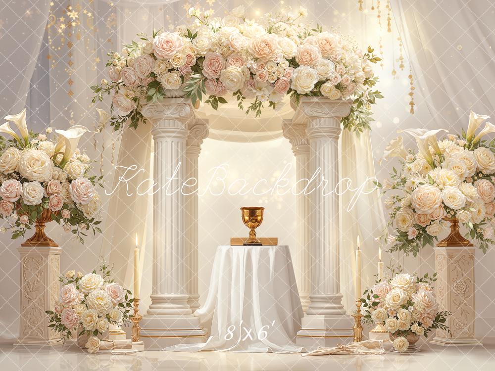 Kate Romantic Flower Arch White Columns Arrangement Printed Backdrop Designed by Chain Photography
