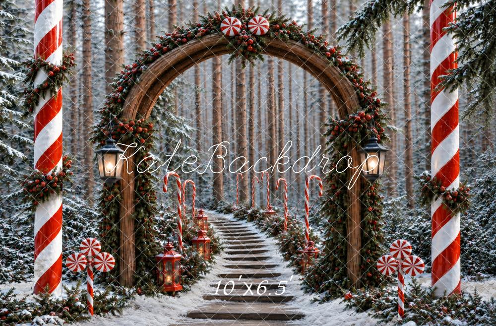 Kate Christmas Candy Cane Forest Arch Snow Printed Backdrop Designed by Vertigo Productions