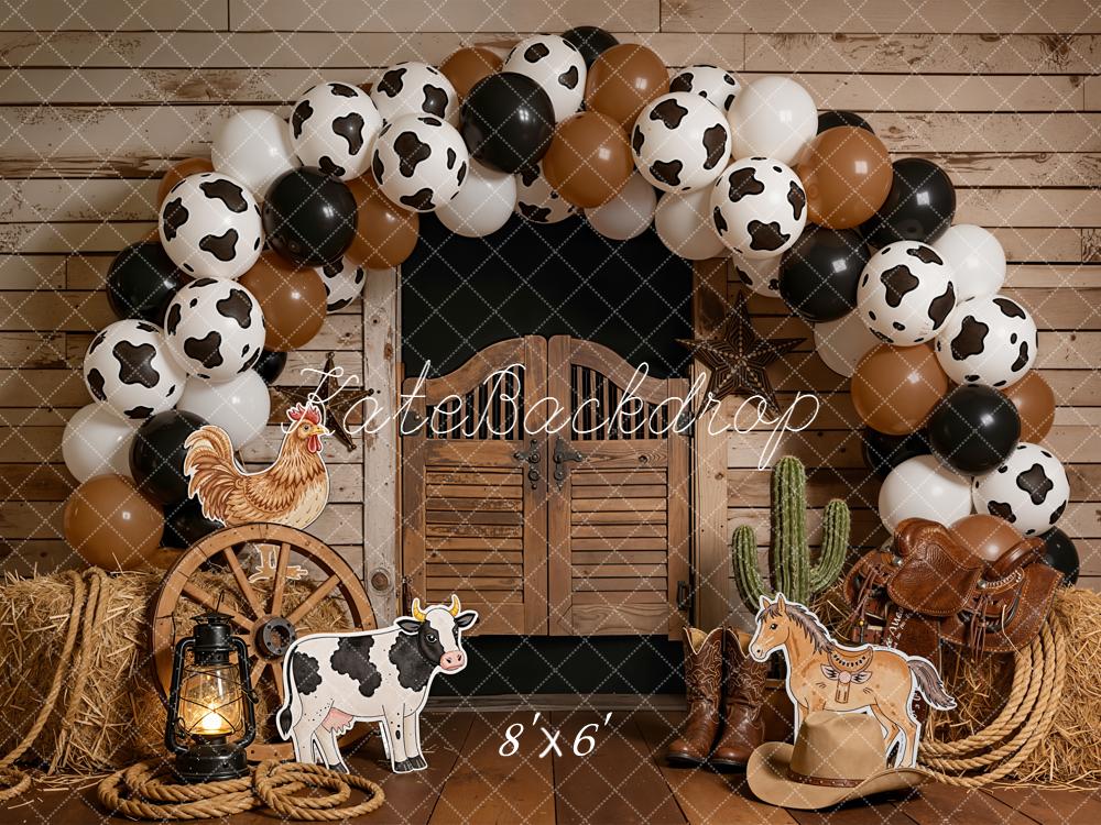 Kate Cake Smash Western Saloon Barn Cow Print Balloon Arch Farm Animals Backdrop Designed by Emetselch