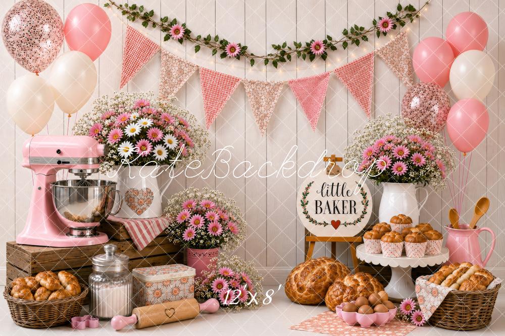 Kate Cake Smash Pink Little Baker Kitchen Floral Balloons Printed Backdrop Designed by Shutter Swan Studios