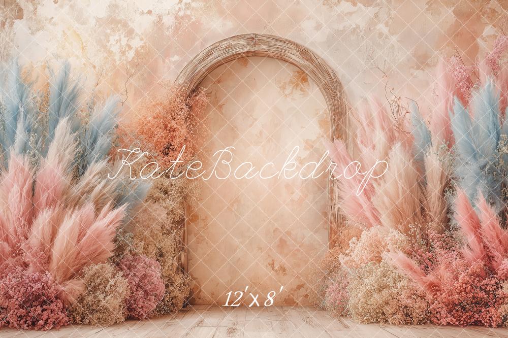 Kate Boho Arch Pampas Grass Pastel Pink Blue Printed Backdrop Designed by Angela Miller