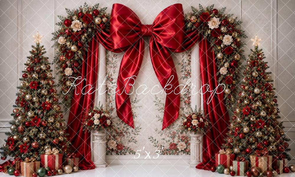 Kate Christmas Red Bow Floral Arch Trees Fine Art Wall Printed Backdrop Designed by Ashley Ward
