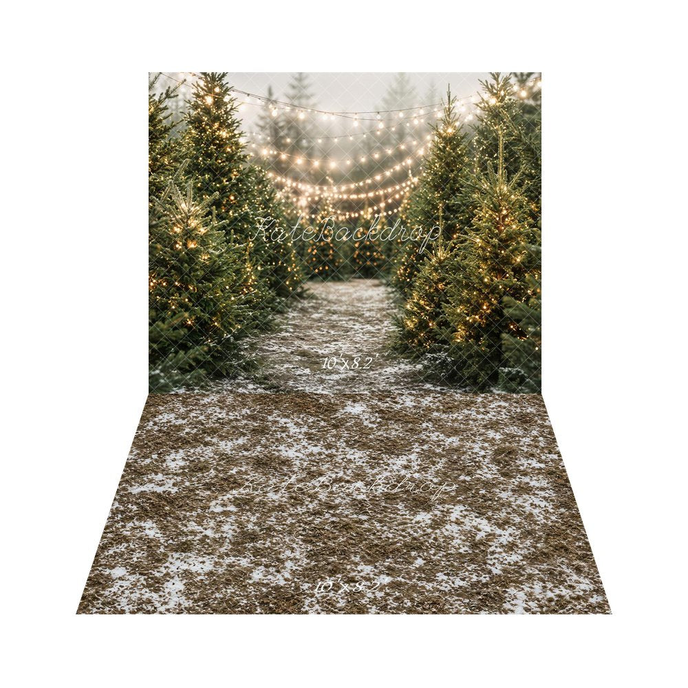 Kate Christmas Pine Tree Forest String Lights Printed Backdrop+Snowy Ground Dry Grass Floor Printed Backdrop